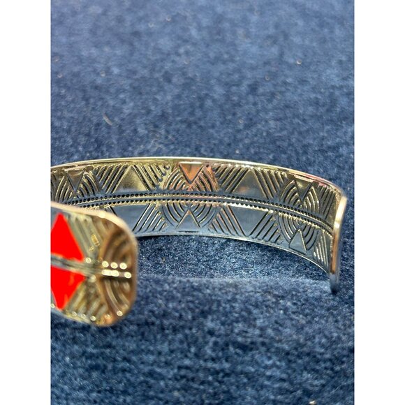 Silver tone & Red Enamel Geometric Design Cuff Bracelet Paparazzi Hidden Glyphs - Picture 7 of 8